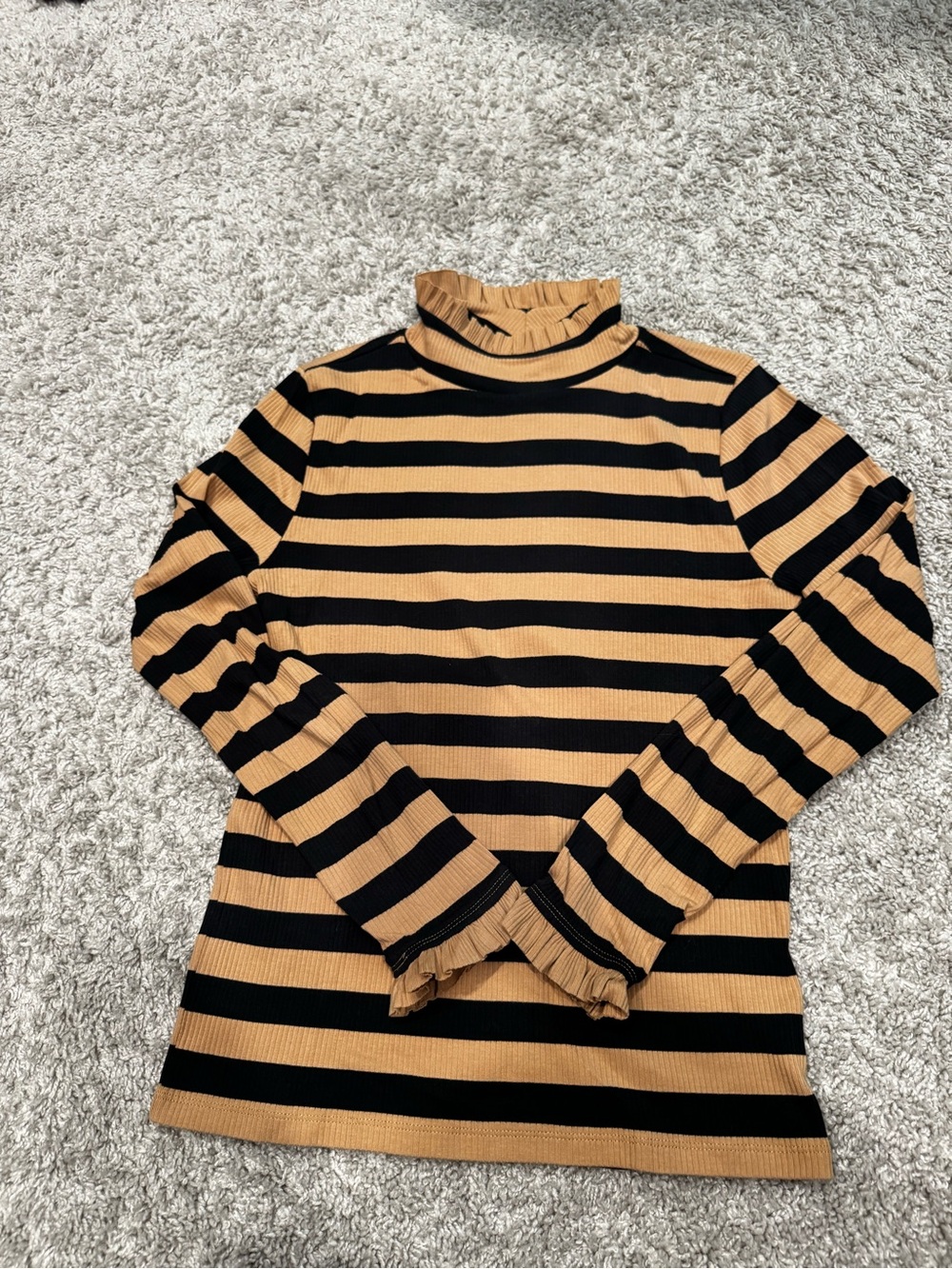 J Crew Striped Ruffle Mock Neck Long Sleeve Top - Black & Tan
